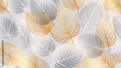 Elegant silver leaf botanical wallpaper pattern, modern art deco design for interiors, versatile for textiles, posters, and gift wrapping, featuring intricate line art details.