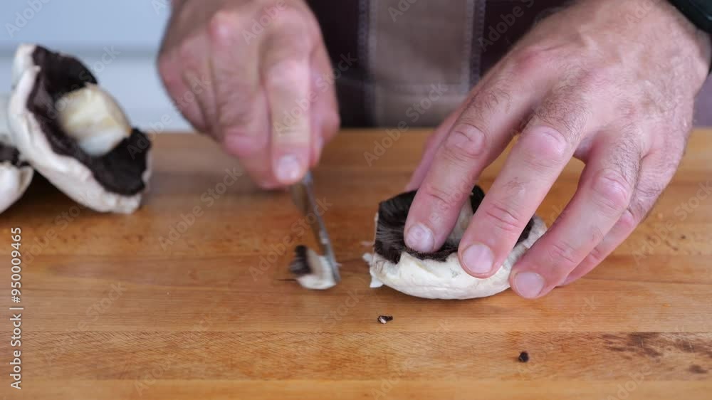 A man cuts mushrooms on a wooden board A man cuts mushrooms on a wooden board