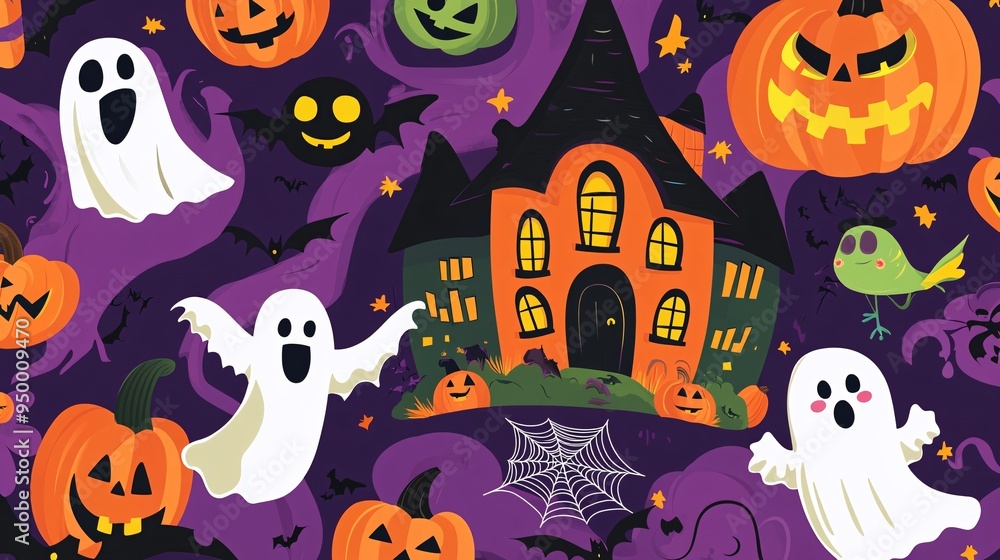 Fototapeta premium Halloween Haunted House with Ghosts and Pumpkins