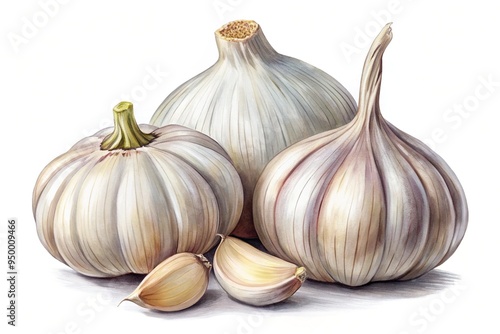 A detailed illustration of a whole garlic bulb with three cloves resting on a crisp white background, awaiting culinary use or display.