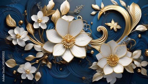 This 3D mural illustration features a white and blue background, adorned with gold jewelry and blooming flowers, enclosed in intricate black decorative wallpaper.