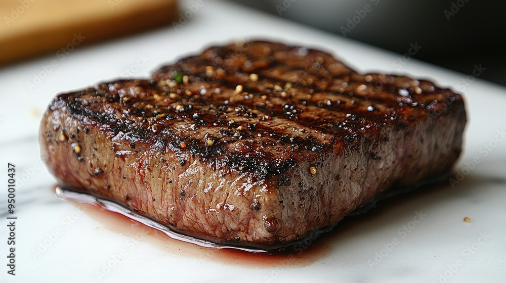 Grilled steak with a perfect char, plated on a clean white surface Grilled steak with a perfect char, plated on a clean white surface