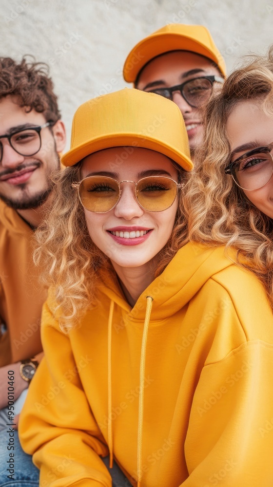 Obraz premium A group of friends in a casual setting, each wearing individualized fashion items like custom-printed hoodies and caps, showcasing their personal style