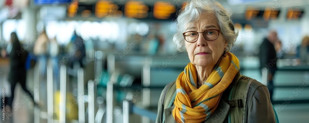 Tired Senior Woman Waiting at Airport Check In Counter with Luggage Tired Senior Woman Waiting at Airport Check In Counter with Luggage