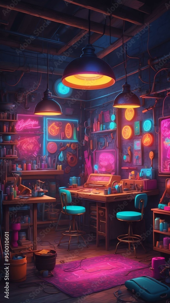 Naklejka premium illustrative albedo craft workshop retro neon theme