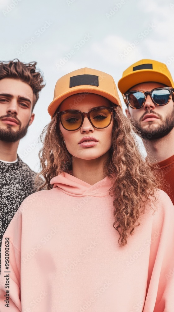 A group of friends in a casual setting, each wearing individualized fashion items like custom-printed hoodies and caps, showcasing their personal style A group of friends in a casual setting, each wearing individualized fashion items like custom-printed hoodies and caps, showcasing their personal style