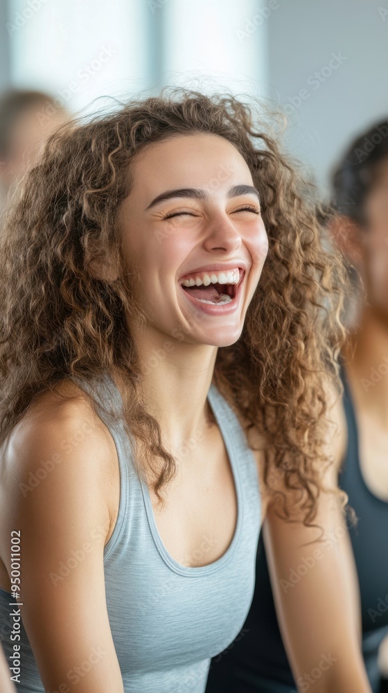 A group of friends laughing and enjoying a light-hearted moment together during a workout session in a bright, modern gym A group of friends laughing and enjoying a light-hearted moment together during a workout session in a bright, modern gym