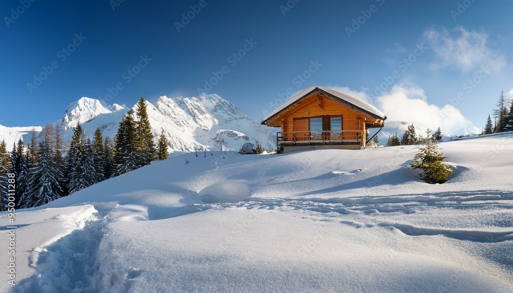 Travel house among the snow in high mountains, nature, travel, and hobbies Travel house among the snow in high mountains, nature, travel, and hobbies