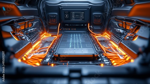 Electric Car Battery Pack Trunk Interior with Orange Wires