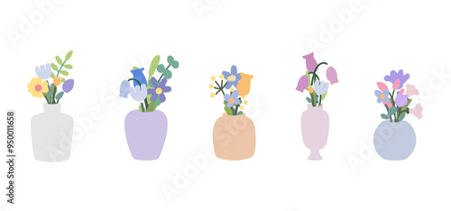 Cute flowers in vase, pot illustration for decoration. isolated