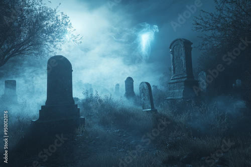 A spooky Halloween graveyard scene with tombstones, a fog-covered ground, and ghostly apparitions hovering above, under a dark, starless sky  photo