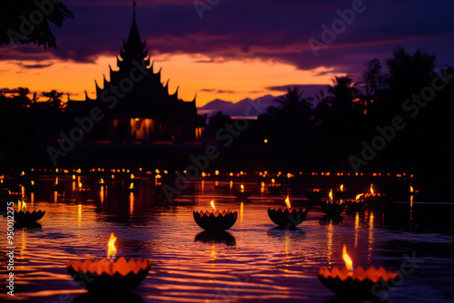 Loy krathong festival in thailand: floating lotus shaped lanterns on water at sunset with silhouette of buddhist temple