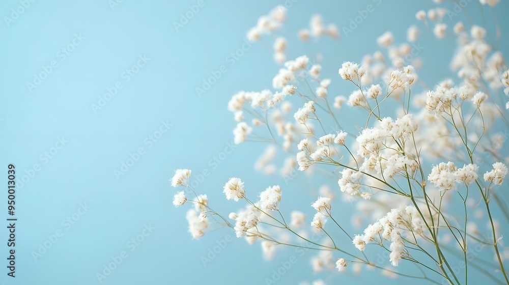 Delicate white baby's breath flowers, pale blue background, minimalist floral arrangement, soft focus, pastel color palette, gentle natural lighting. Delicate white baby's breath flowers, pale blue background, minimalist floral arrangement, soft focus, pastel color palette, gentle natural lighting.