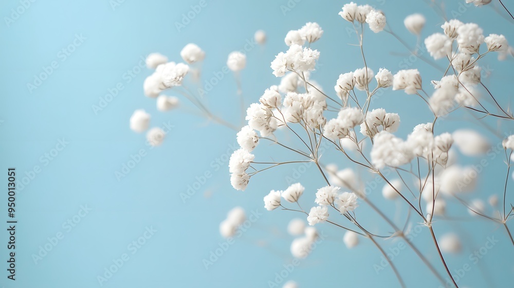 Delicate white baby's breath flowers, pale blue background, minimalist floral arrangement, soft focus, pastel color palette, gentle natural lighting. Delicate white baby's breath flowers, pale blue background, minimalist floral arrangement, soft focus, pastel color palette, gentle natural lighting.