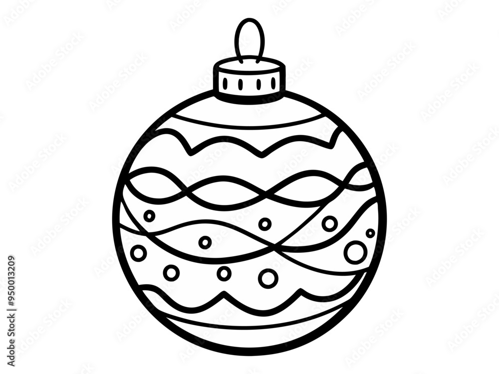 Black and white outline illustration of Christmas ornament with patterns. Isolated on white background. Concept of holiday decoration, festive design, seasonal coloring, Christmas craft template Black and white outline illustration of Christmas ornament with patterns. Isolated on white background. Concept of holiday decoration, festive design, seasonal coloring, Christmas craft template