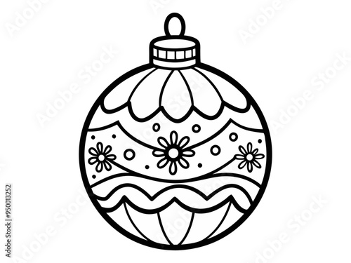 Black and white outline illustration of Christmas ornament with patterns. Isolated on white background. Concept of holiday decoration, festive design, seasonal coloring, Christmas craft template