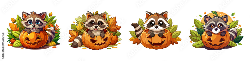 Obraz premium Set of Cute raccoons sitting inside carved pumpkins with autumn leaves around. Concept of Halloween, fall season, woodland animal, festive illustration. Print, design element. Clip art