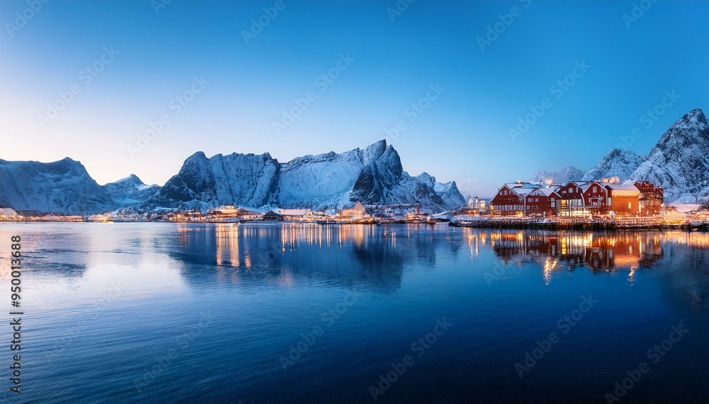 Winter evening with snow on the mountains and lights reflecting on the water in a coastal city Winter evening with snow on the mountains and lights reflecting on the water in a coastal city