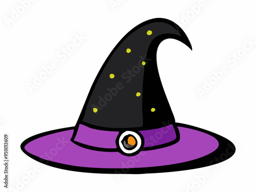 Witch hat isolated on a white background. Wizard pointed hat. Concept of Witchcraft Accessory, Magical Costume Element, Halloween Illustration. Print, design element.
