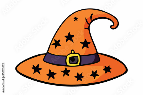 Witch hat isolated on a white background. Wizard pointed hat. Concept of Magic Accessory, Halloween, Fantasy Garment, Colorful Illustration. Print, design element.