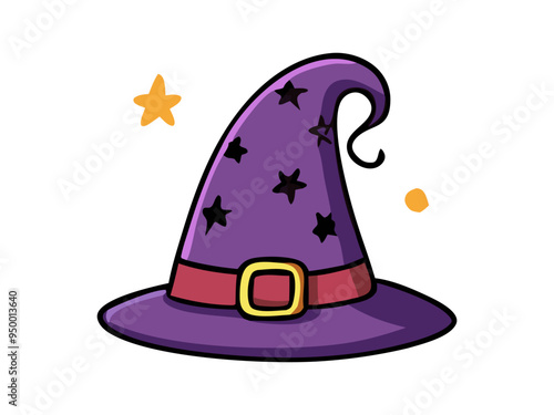 Witch hat isolated on a white background. Wizard pointed hat. Concept of Halloween accessory, festive gear, whimsical costume element, magical attire. Print, design element.