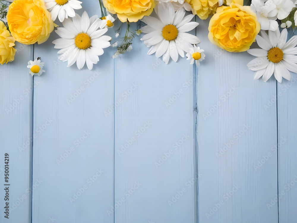 Obraz premium Bunch of flowers on a blue wooden background