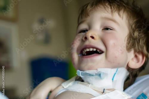 A young boy with a bandaged neck is smiling. He is wearing a white shirt and blue shorts photo