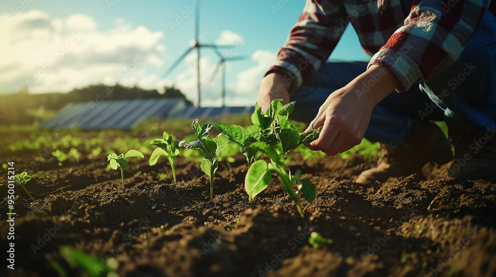 Farmer tending crops in field with solar panels and wind turbines, sustainable agriculture and renewable energy concept, modern farming practices in scenic rural landscape Farmer tending crops in field with solar panels and wind turbines, sustainable agriculture and renewable energy concept, modern farming practices in scenic rural landscape