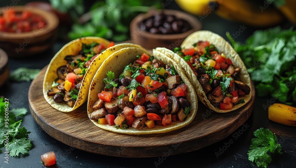 Delicious Mexican Tacos with Mushrooms, Beans, and Cilantro Delicious Mexican Tacos with Mushrooms, Beans, and Cilantro