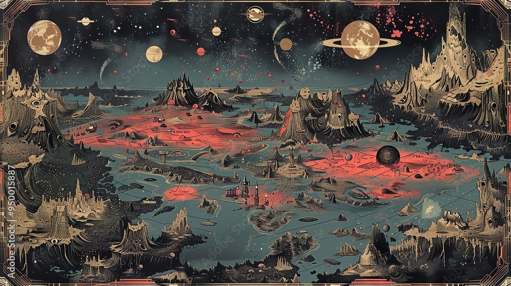 Obraz premium Retro sci-fi wall map decoration vintage cartography design