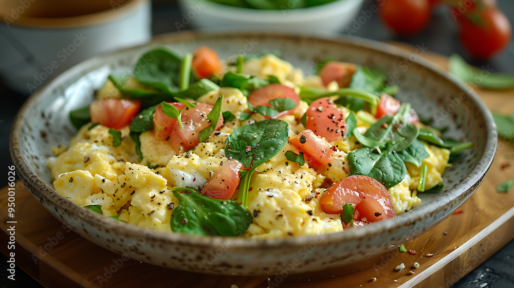 Plate of scrambled eggs with spinach and tomatoes Plate of scrambled eggs with spinach and tomatoes