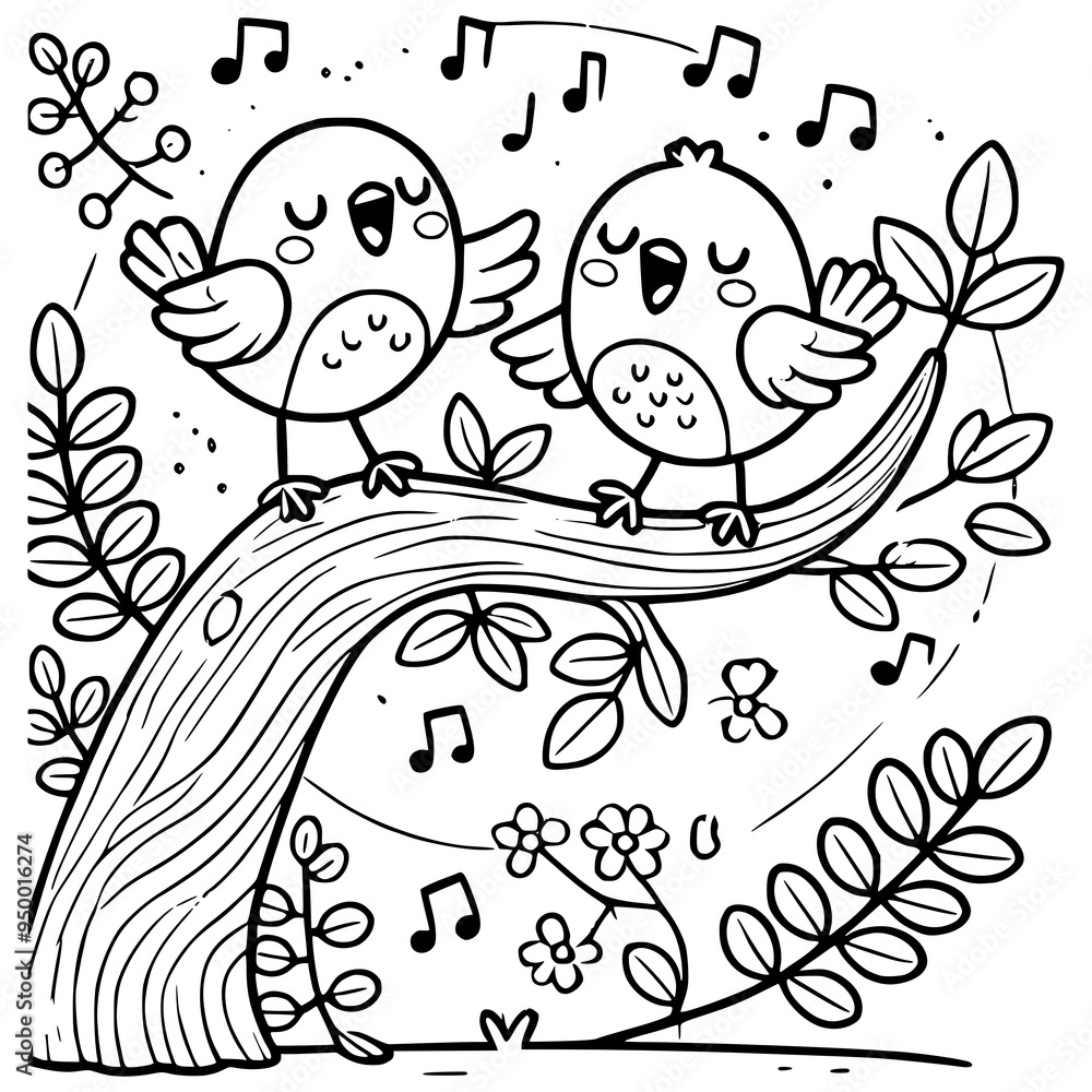 Fototapeta premium Coloring page of two cute cartoon birds singing joyfully while perched on a tree branch, surrounded by leaves, flowers, and musical notes in a lively outdoor setting