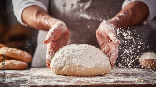 Baker's Hands Dusting Flour Over Dough, Creating a Cloud of White Powder