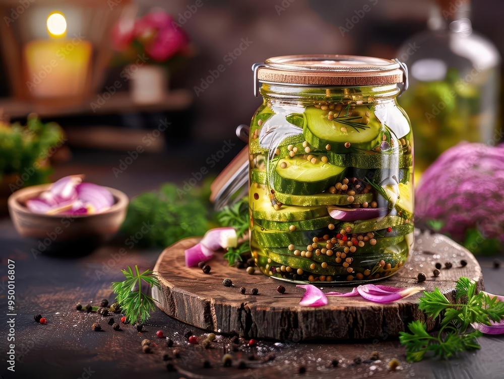 Jar of pickles on a rustic table, homemade and savory, Rustic, Earth tones, Photograph, Culinary detail Jar of pickles on a rustic table, homemade and savory, Rustic, Earth tones, Photograph, Culinary detail