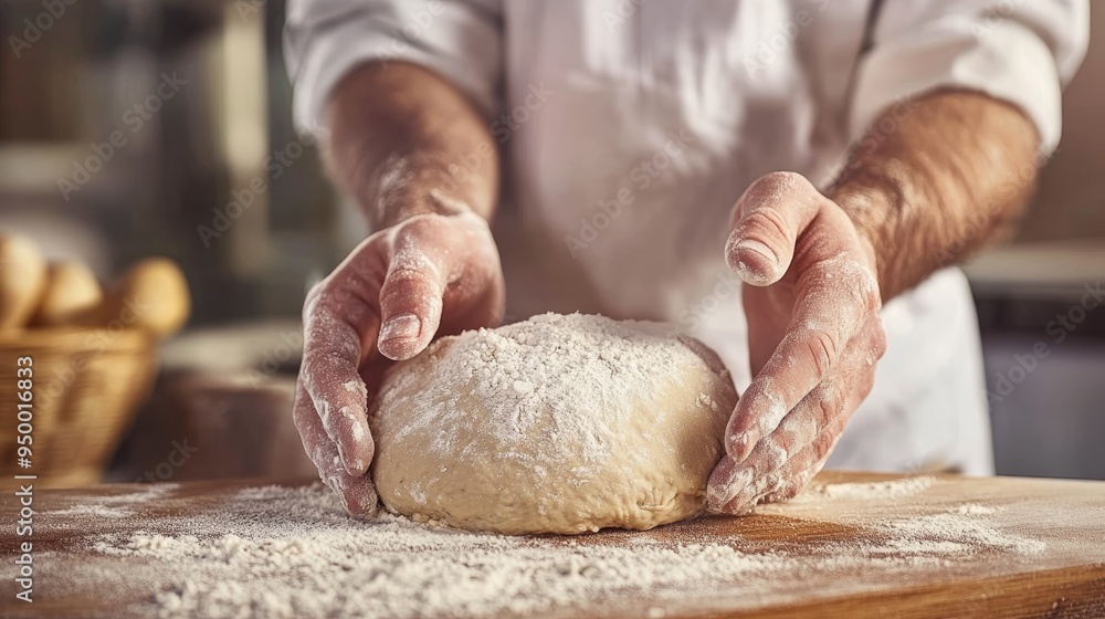 Baker's Hands Shaping Dough with Flour on a Wooden Surface, Closeup, Selective Focus Baker's Hands Shaping Dough with Flour on a Wooden Surface, Closeup, Selective Focus