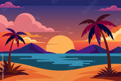 Beach Sunset Vector Art