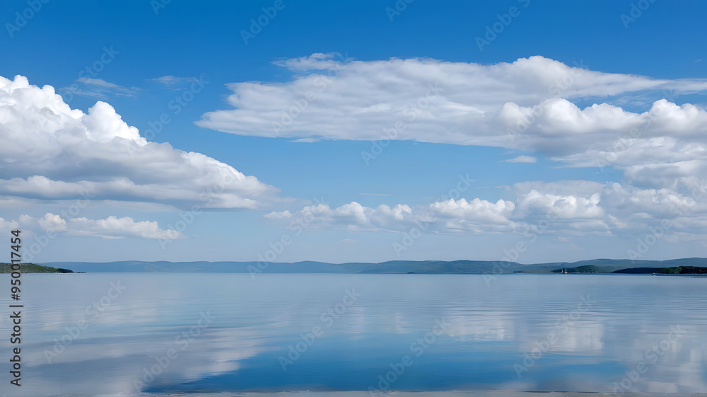 A large calm lake with clouds in the sky A large calm lake with clouds in the sky