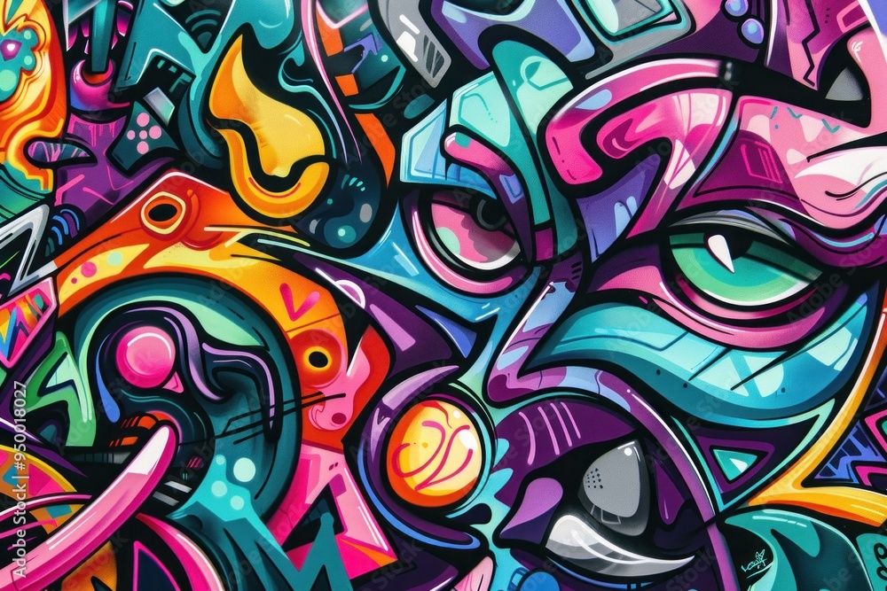 Abstract Graffiti Wall Art with Bright Colors and Geometric Shapes Abstract Graffiti Wall Art with Bright Colors and Geometric Shapes