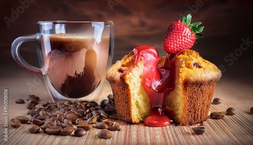 Un muffin muy sabroso cortado por la mitad, con fresa liquida, y una taza de cafe cremoso photo