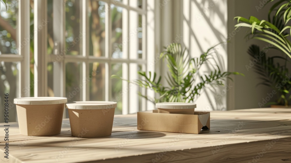 Fototapeta premium Empty Takeout Containers on a Wooden Table.