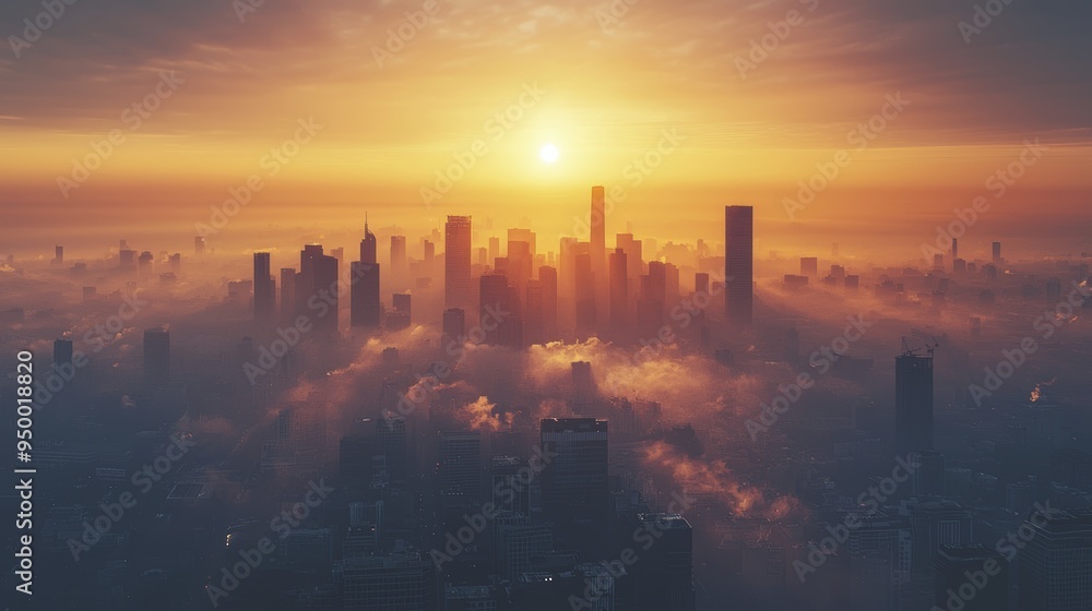 A city skyline shrouded in smog and pollution at sunset, creating dramatic atmosphere. sun casts warm glow over buildings, enhancing urban landscapes beauty. A city skyline shrouded in smog and pollution at sunset, creating dramatic atmosphere. sun casts warm glow over buildings, enhancing urban landscapes beauty.