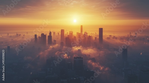 A city skyline shrouded in smog and pollution at sunset, creating dramatic atmosphere. sun casts warm glow over buildings, enhancing urban landscapes beauty.