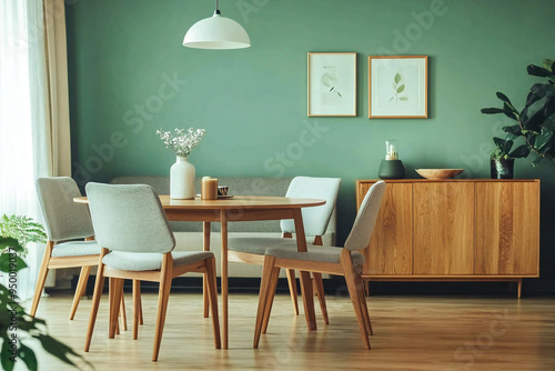 Interior design of a mid-century style home. Wooden dining table in a room with sofa and closet in mint color