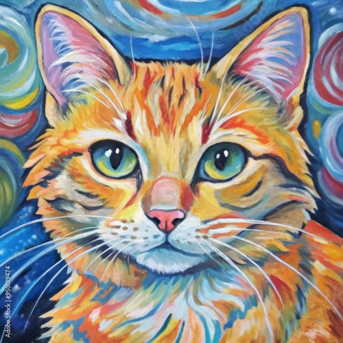 Vibrant portrait of a ginger cat with striking green eyes, set against a colorful and abstract backdrop. Van Gogh style cat.