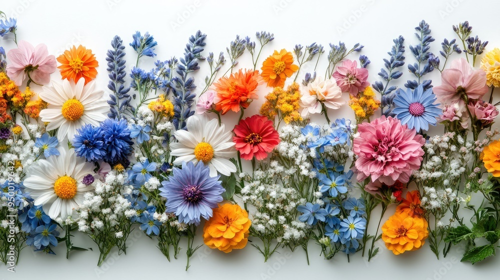 Miniature wildflowers in a scattered pattern on a white background