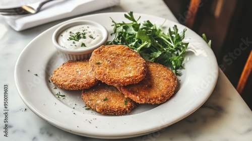 Crispy Fried Green Tomatoes with Creamy Dip and Fresh Greens on a White Plate in a Restaurant Setting