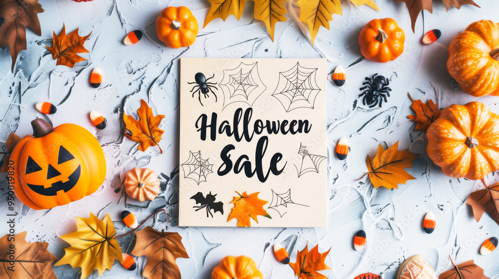 Halloween sale sign surrounded by pumpkins and autumn leaves, holiday concept, background