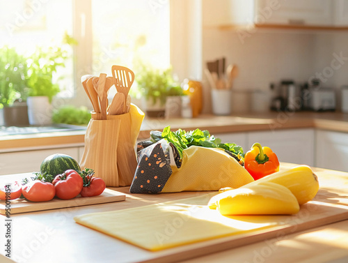 beeswax food wraps in various sizes, wrapped around fruits and vegetables on a kitchen island