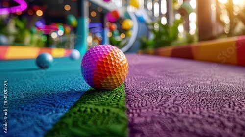 Mini golf course with quirky obstacles, playful and fun, Amusement, Bright colors, Photograph, Leisure activity photo