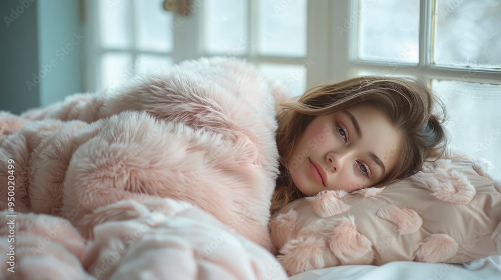 Serene Nap Time - Young Woman Relaxing in Cozy Bedroom with Soft Pastel Colors and Natural Light Serene Nap Time - Young Woman Relaxing in Cozy Bedroom with Soft Pastel Colors and Natural Light